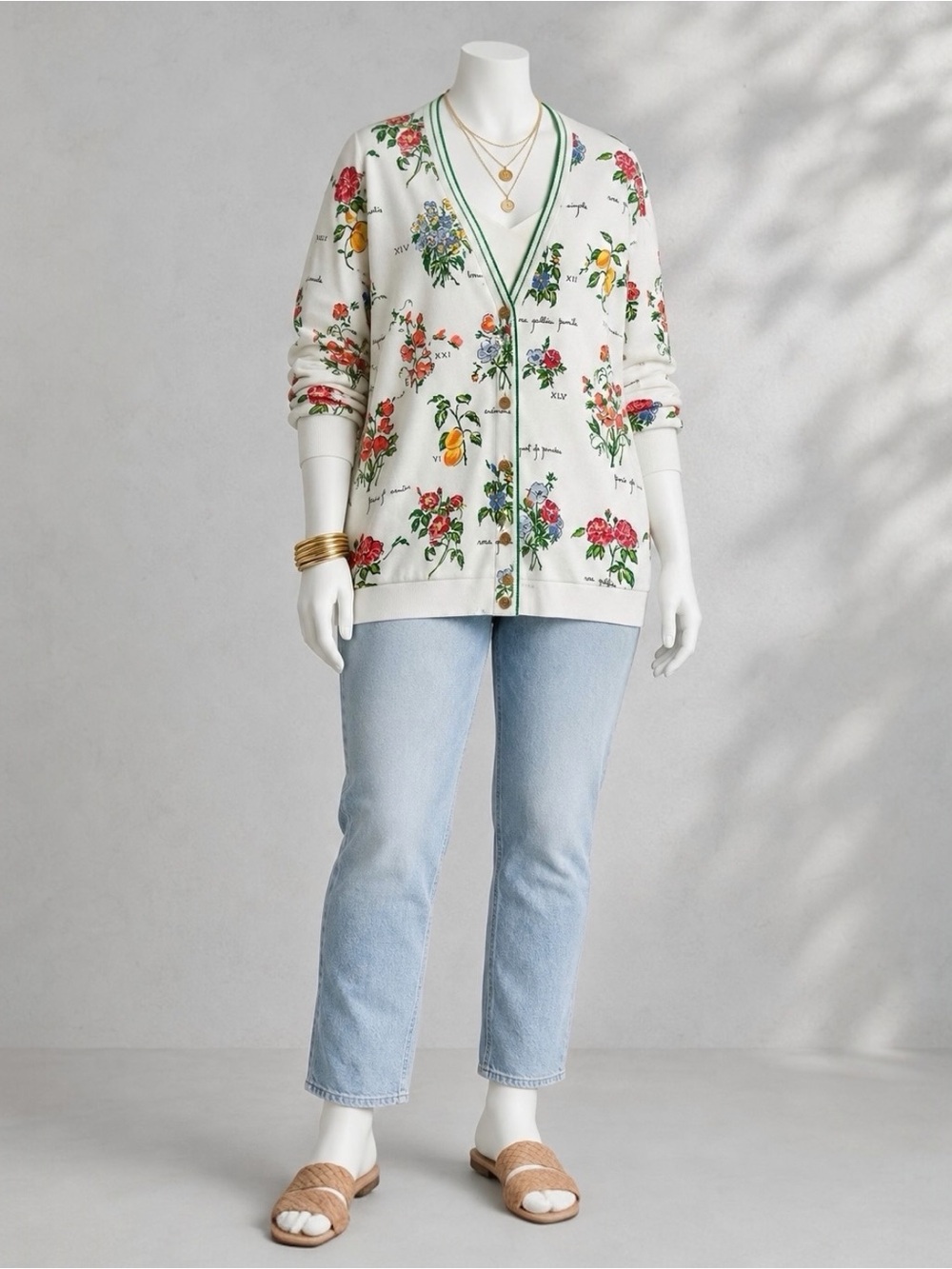 Vintage Botanical Cardigan 2X Ivory Floral Gardener Novelty Sweater Teddi - Picture 2 of 11